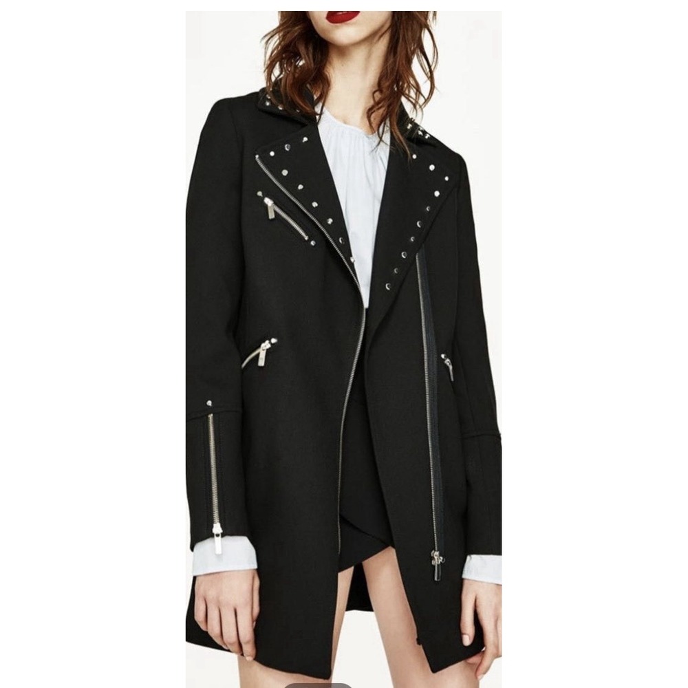 Zara Black Studded Moto Coat Jacket XSmall EUC